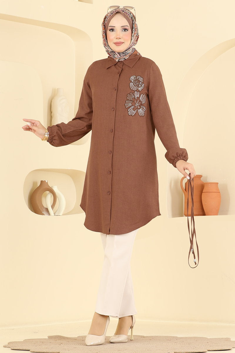 Embroidered Belted Linen Tunic - Tan