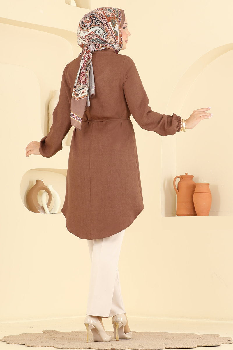 Embroidered Belted Linen Tunic - Tan