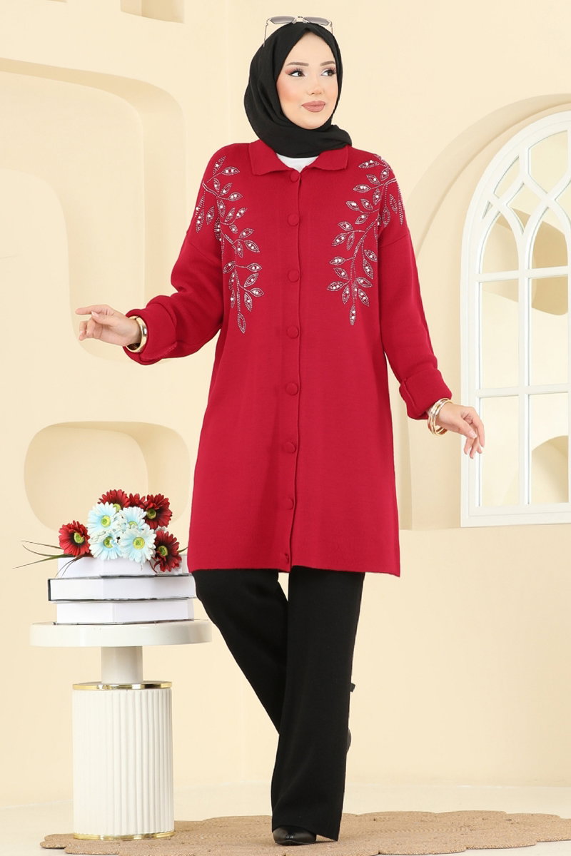 Embroidered Knit Set - Red-Black