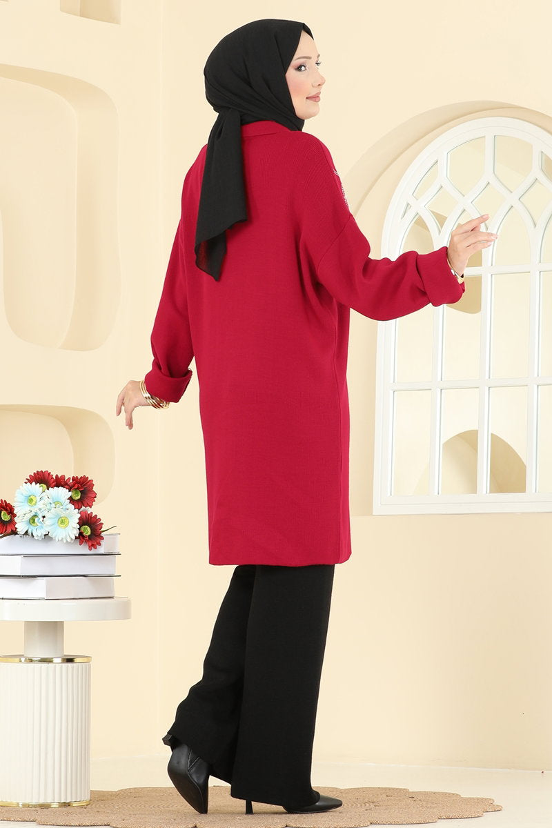 Embroidered Knit Set - Red-Black