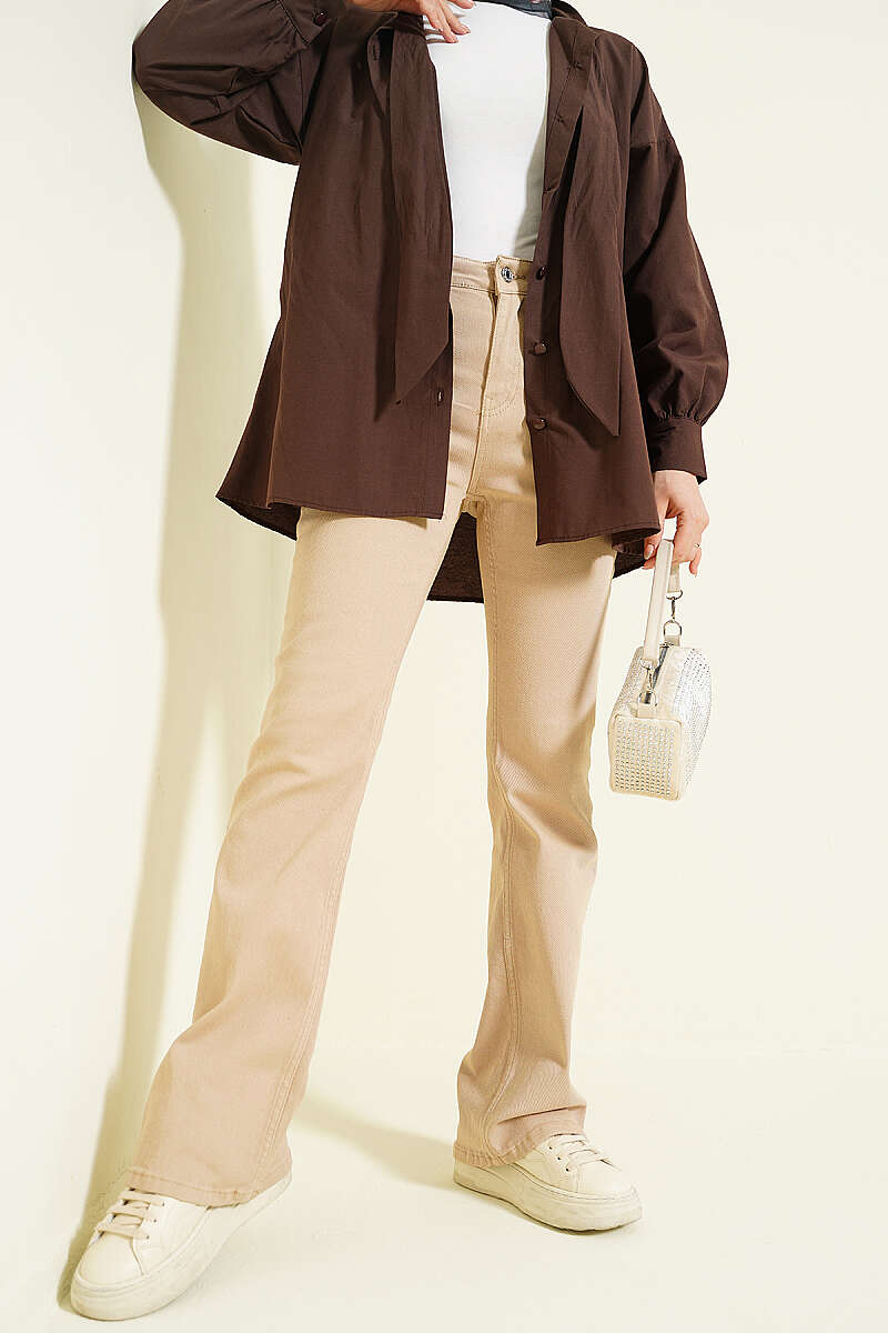 Flared Jeans with Button Hem - Beige