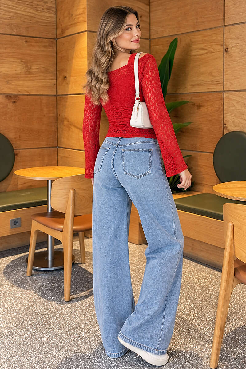 Asymmetric Blouse with Flounce Sleeve and Cami - Red