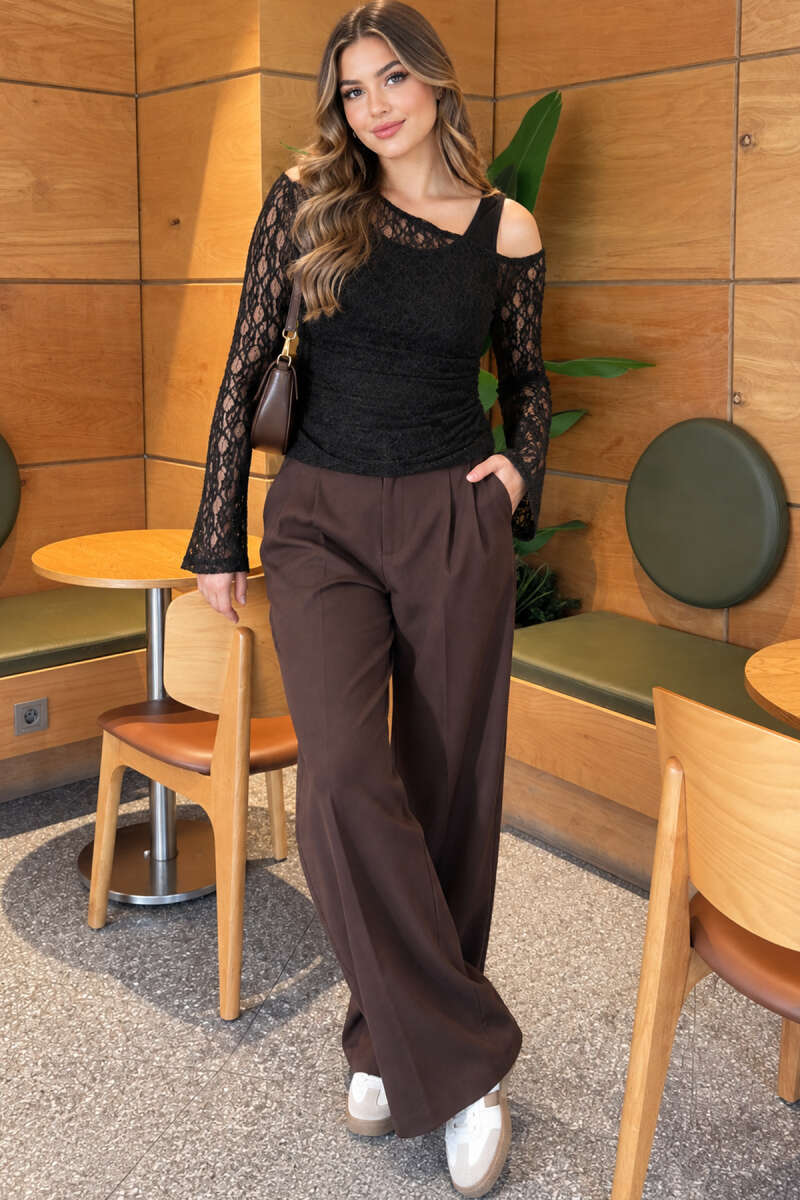 Asymmetric Blouse with Flounce Sleeve and Cami - Black