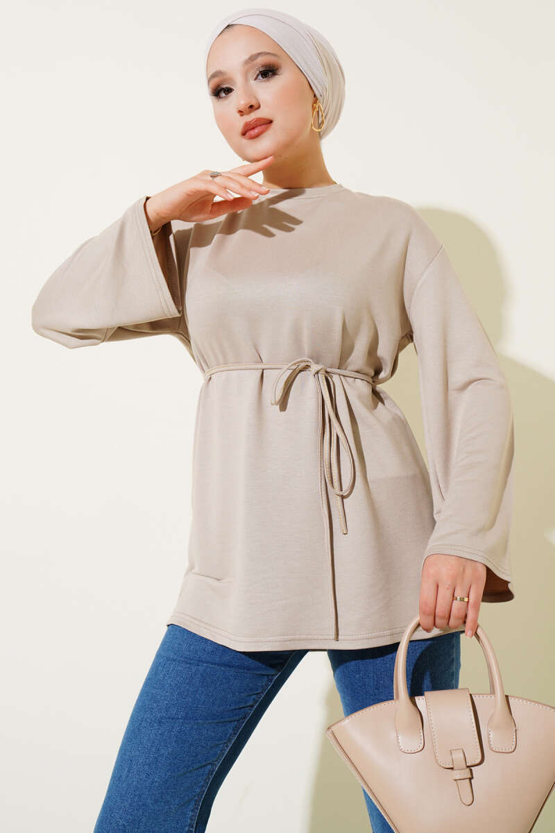 Tunic with Flared Sleeves and Ties - Beige