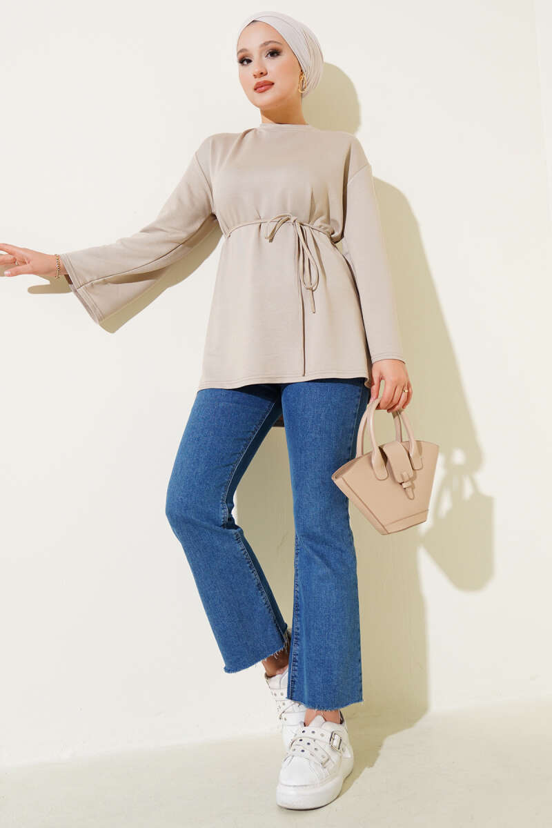 Tunic with Flared Sleeves and Ties - Beige