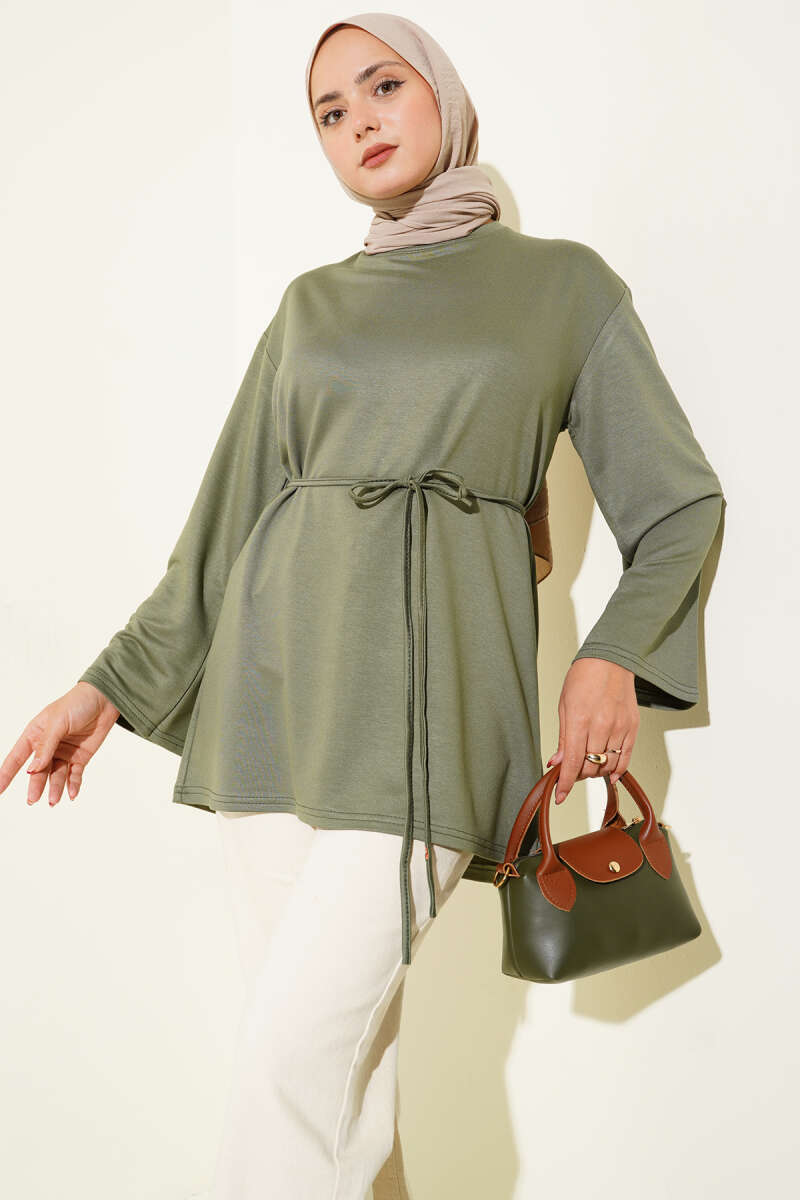 Tunic with Flared Sleeves and Ties - Almond Green