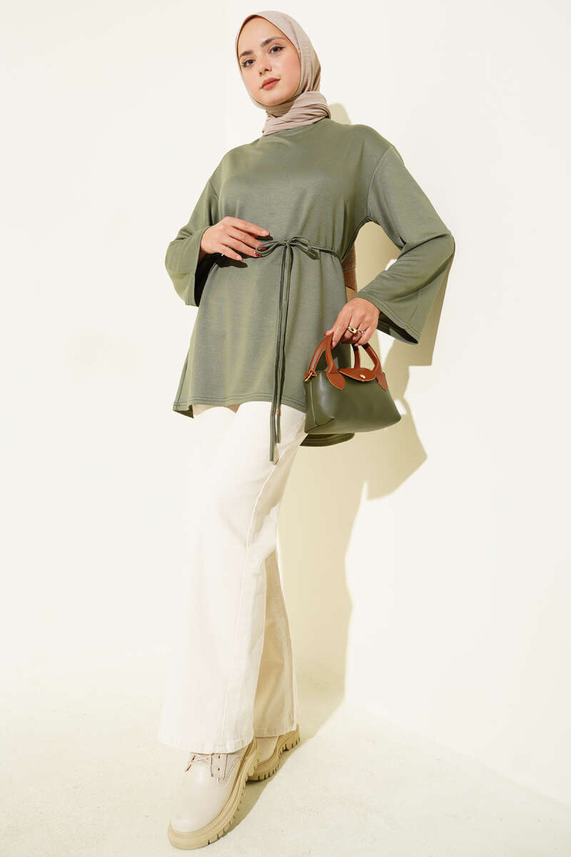 Tunic with Flared Sleeves and Ties - Almond Green