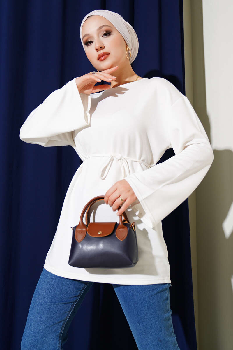 Tunic with Flared Sleeves and Ties - Ecru