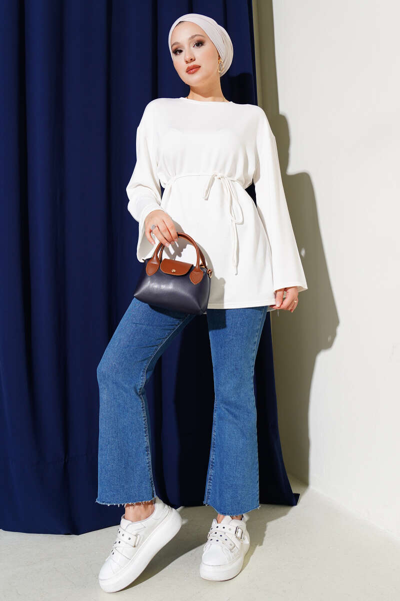 Tunic with Flared Sleeves and Ties - Ecru