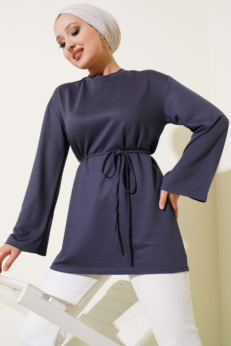 Tunic with Flared Sleeves and Ties - Smoke Grey