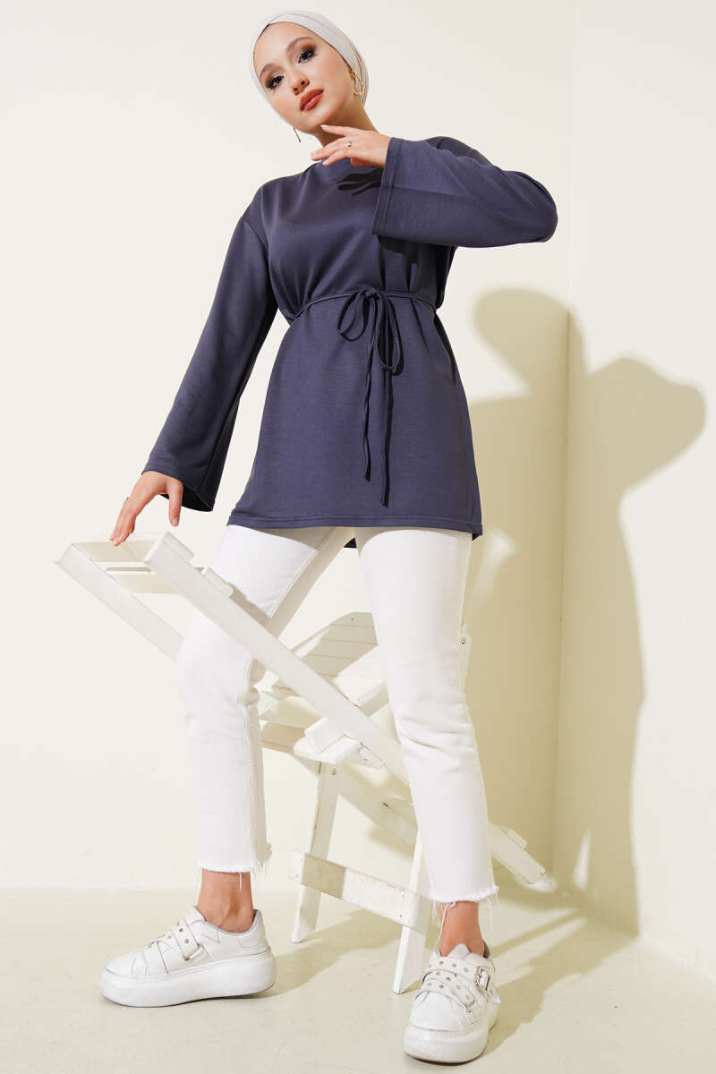 Tunic with Flared Sleeves and Ties - Smoke Grey