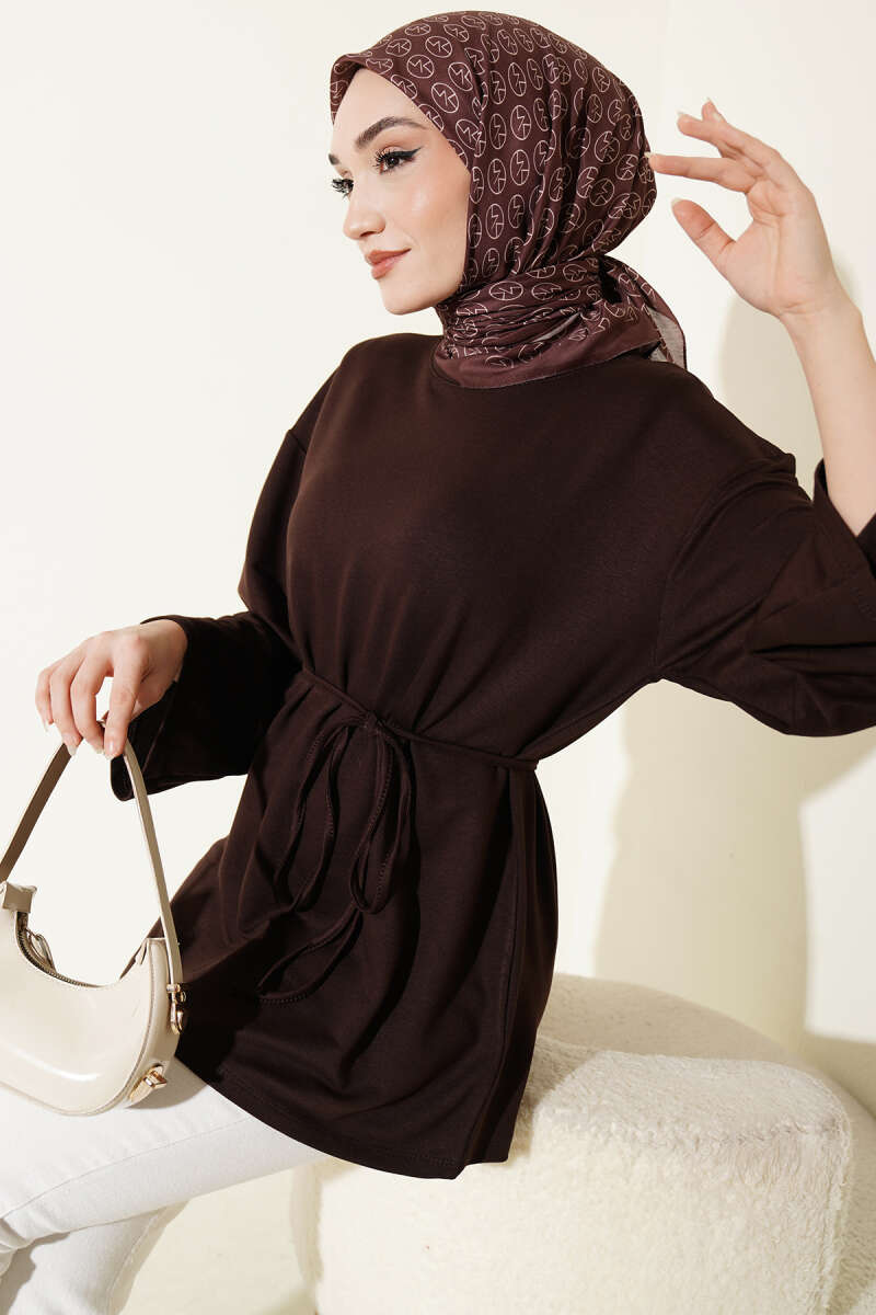 Tunic with Flared Sleeves and Ties - Brown