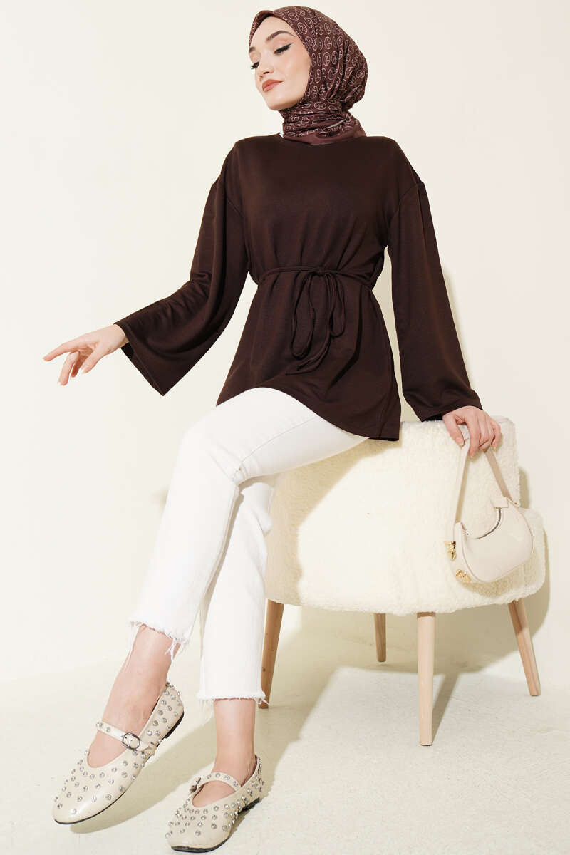 Tunic with Flared Sleeves and Ties - Brown
