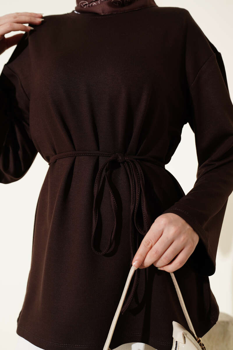 Tunic with Flared Sleeves and Ties - Brown