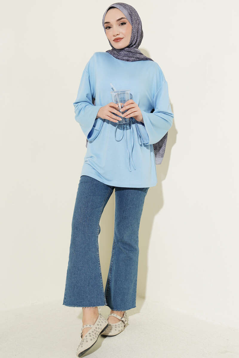 Tunic with Flared Sleeves and Ties - Blue