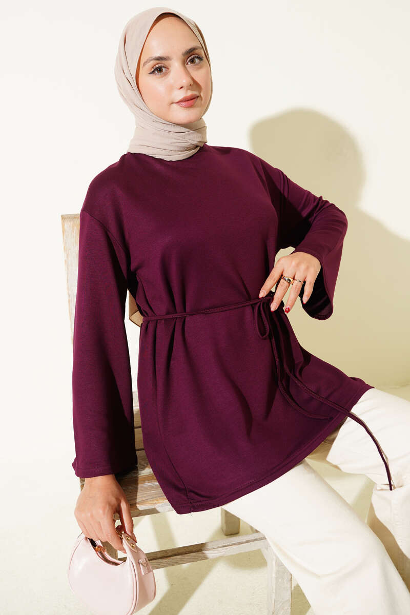Tunic with Flared Sleeves and Ties - Plum