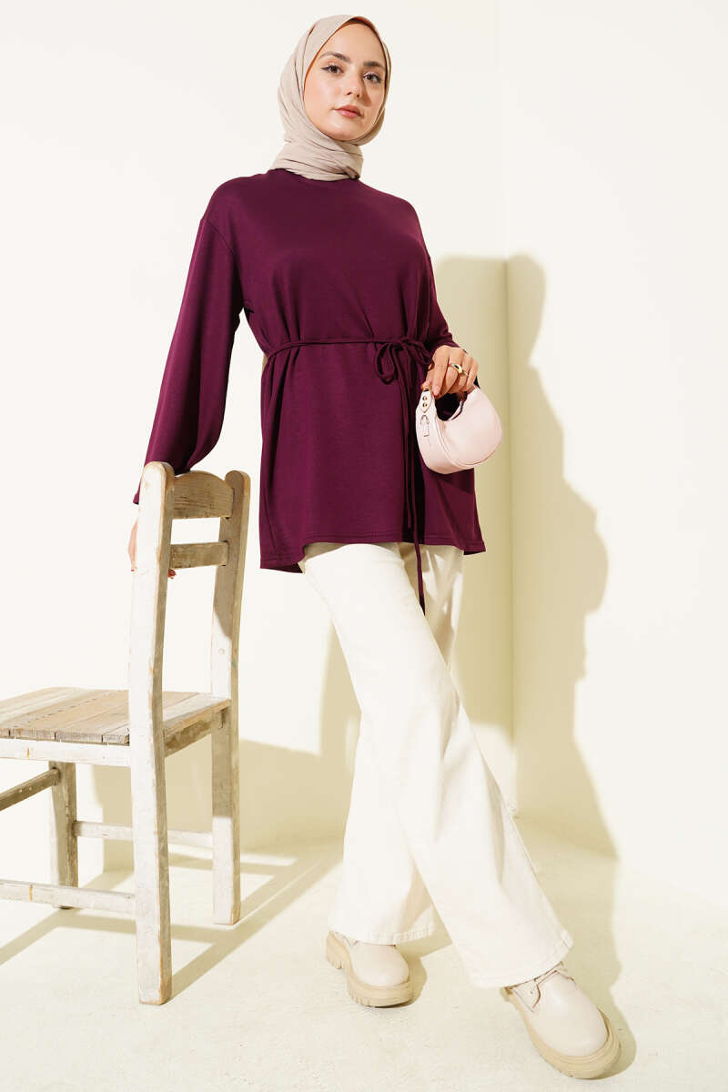 Tunic with Flared Sleeves and Ties - Plum