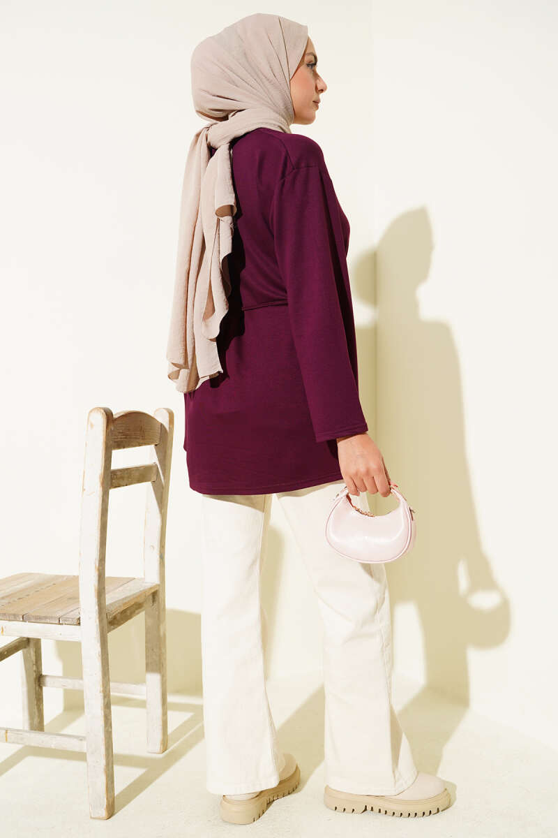 Tunic with Flared Sleeves and Ties - Plum