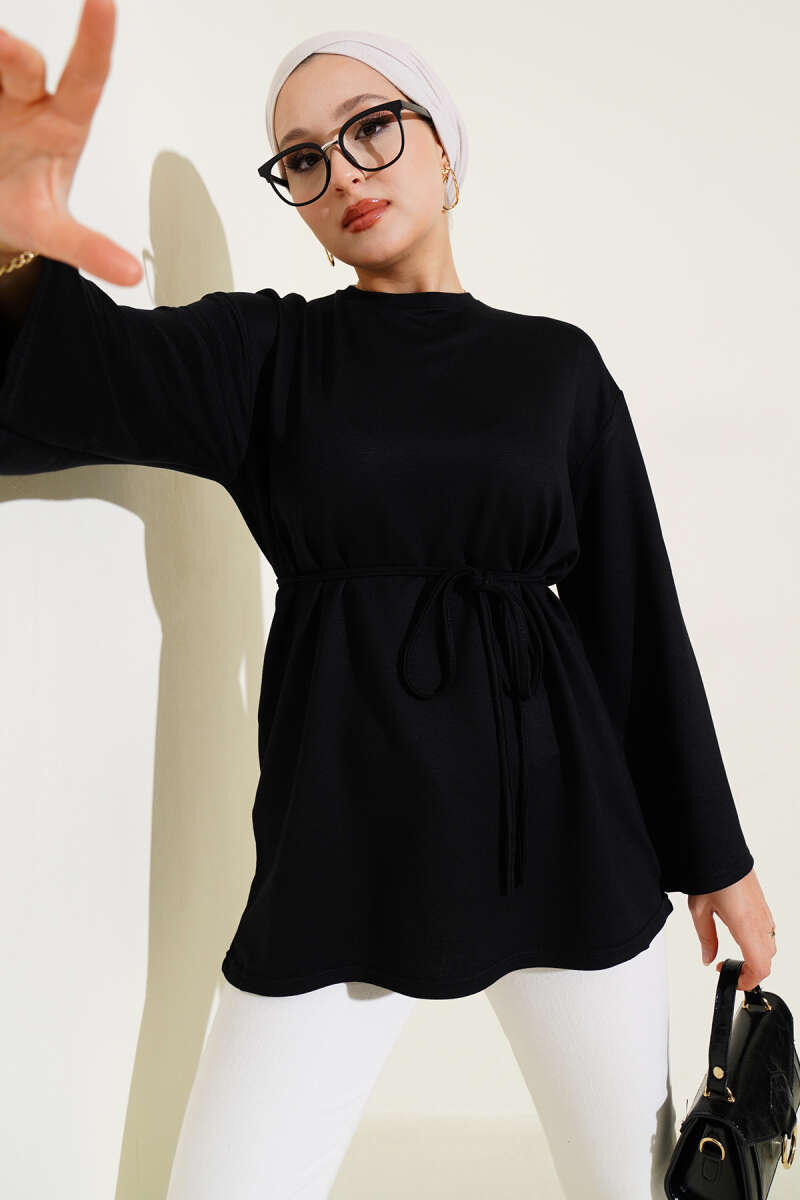 Tunic with Flared Sleeves and Ties - Black