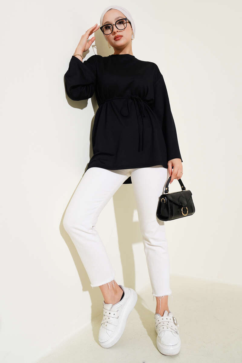 Tunic with Flared Sleeves and Ties - Black