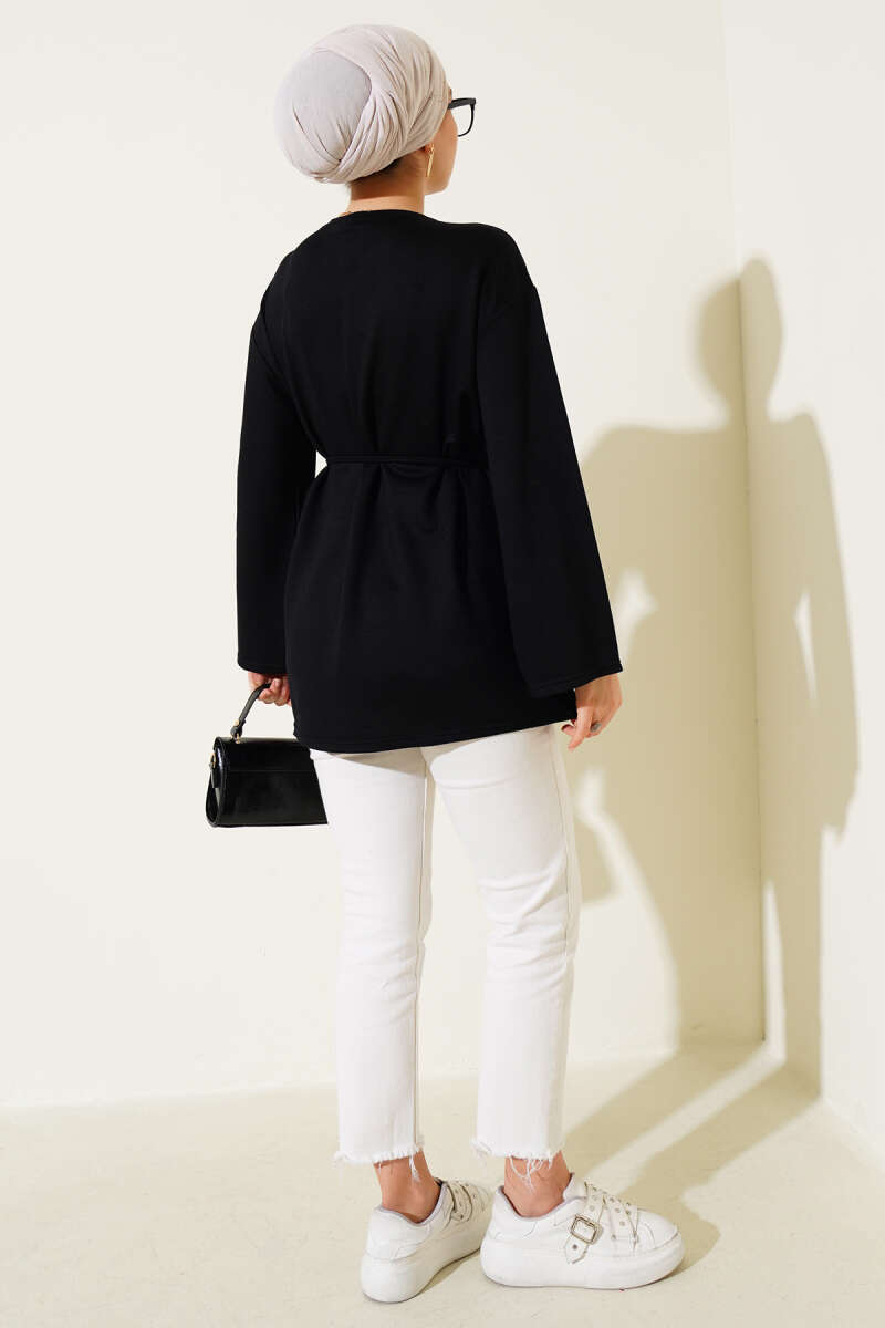 Tunic with Flared Sleeves and Ties - Black