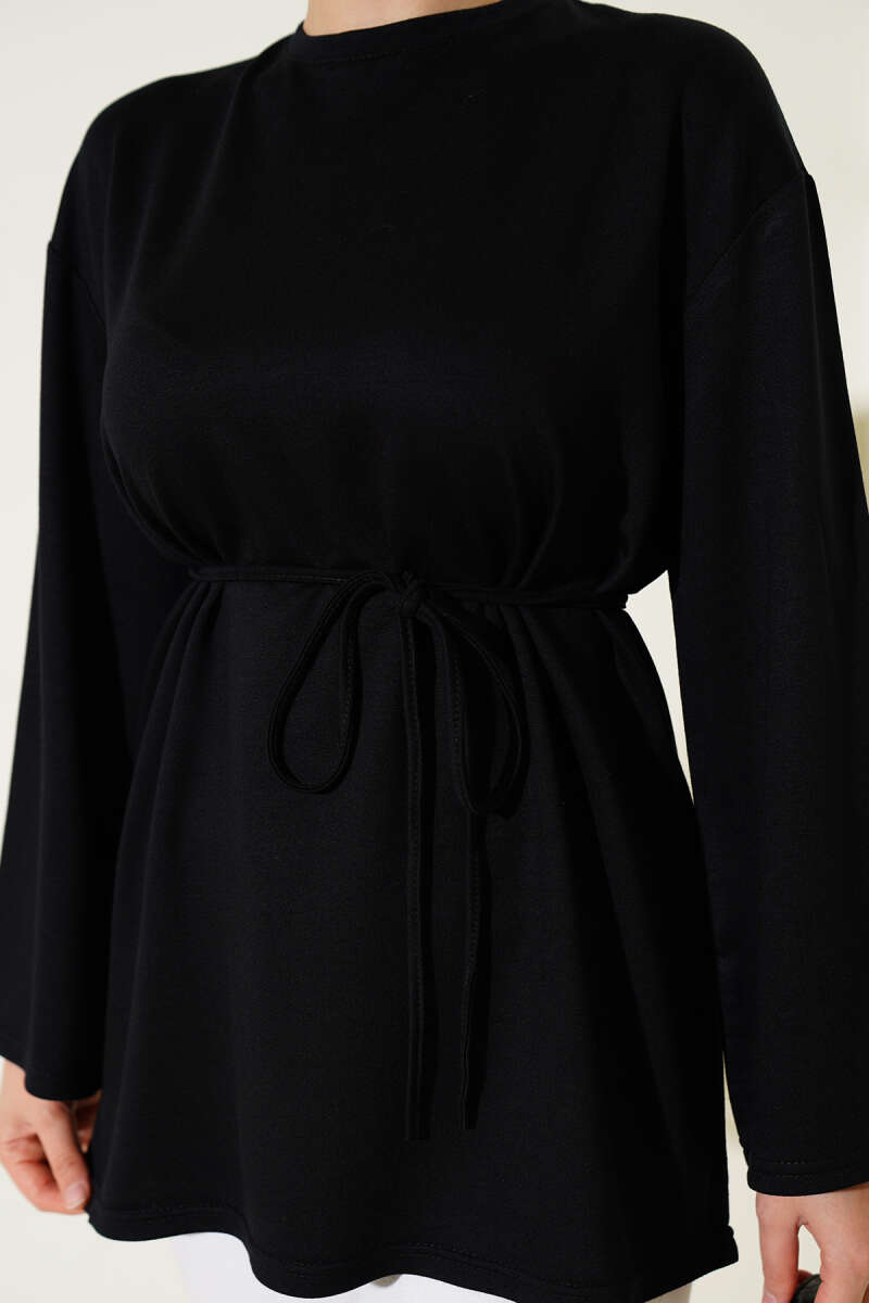 Tunic with Flared Sleeves and Ties - Black