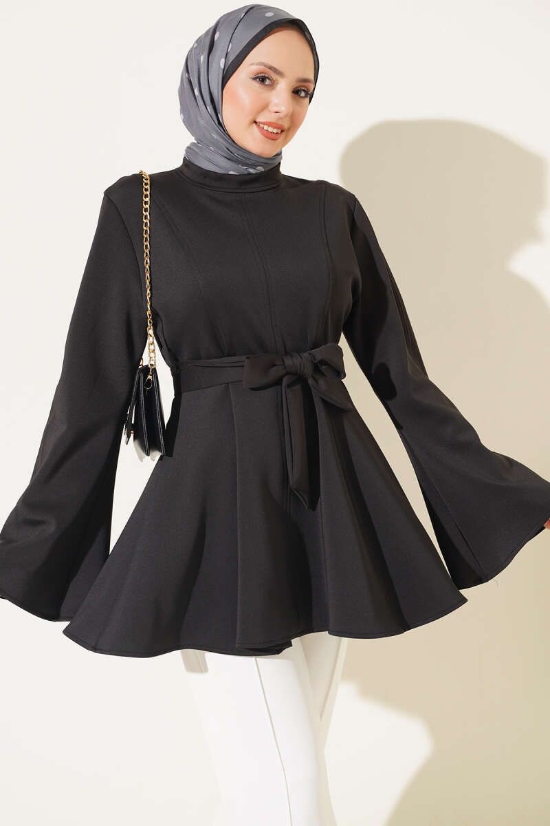 Scuba Tunic with Flared Sleeves - Black