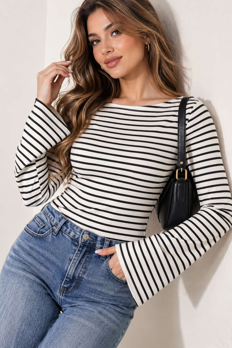 Striped Blouse with Flounce Sleeves - Black