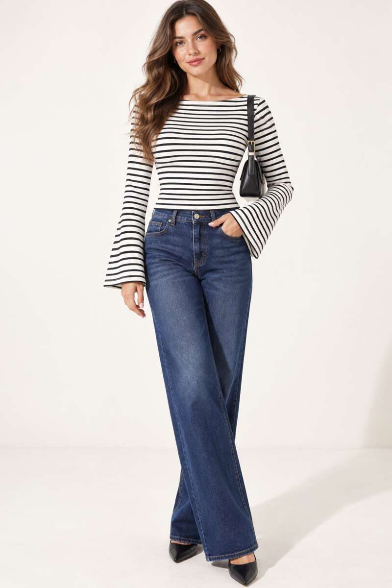 Striped Blouse with Flounce Sleeves - Black