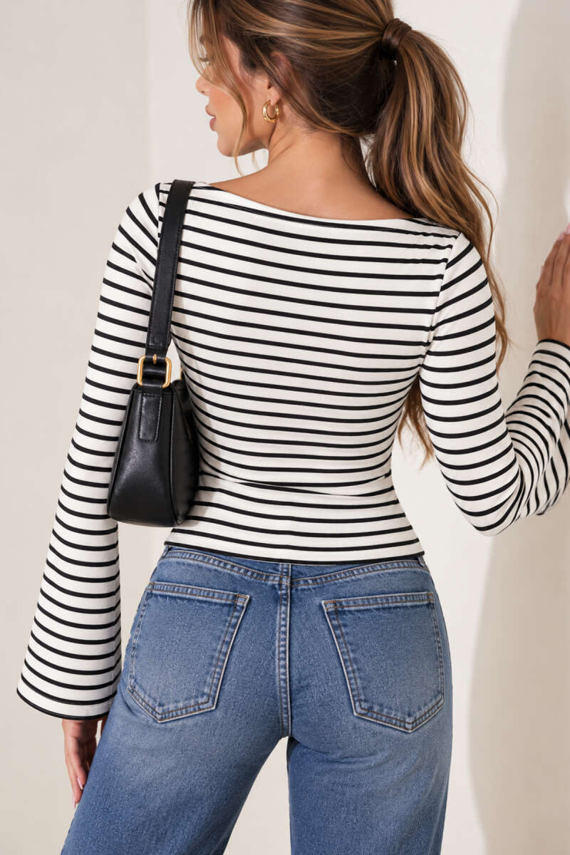 Striped Blouse with Flounce Sleeves - Black