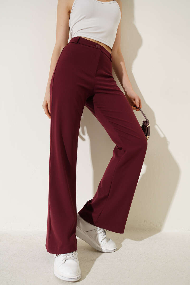 Flared Pants with Waist Button - Burgundy