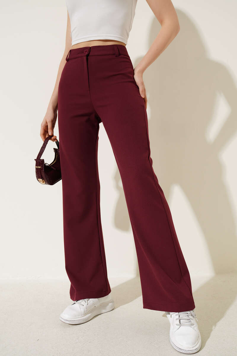 Flared Pants with Waist Button - Burgundy
