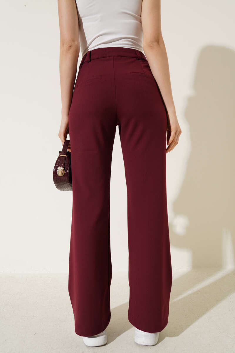 Flared Pants with Waist Button - Burgundy