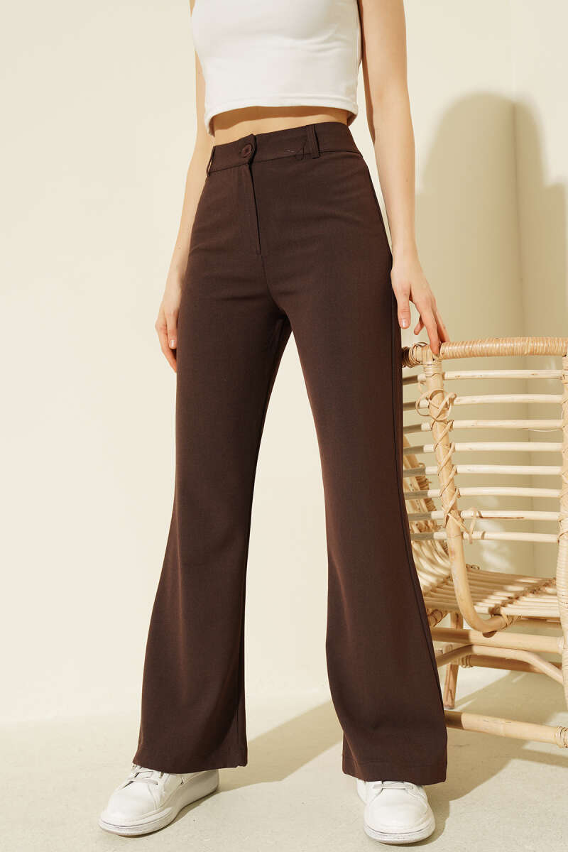 Flared Pants with Waist Button - Brown