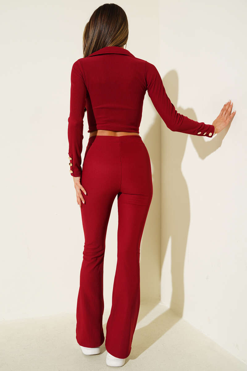 Button Two-Piece Set with Flared Pants - Burgundy