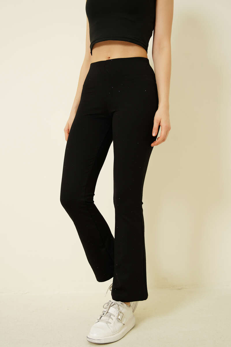 Flared Pants with Stones and Elastic Waist - Black
