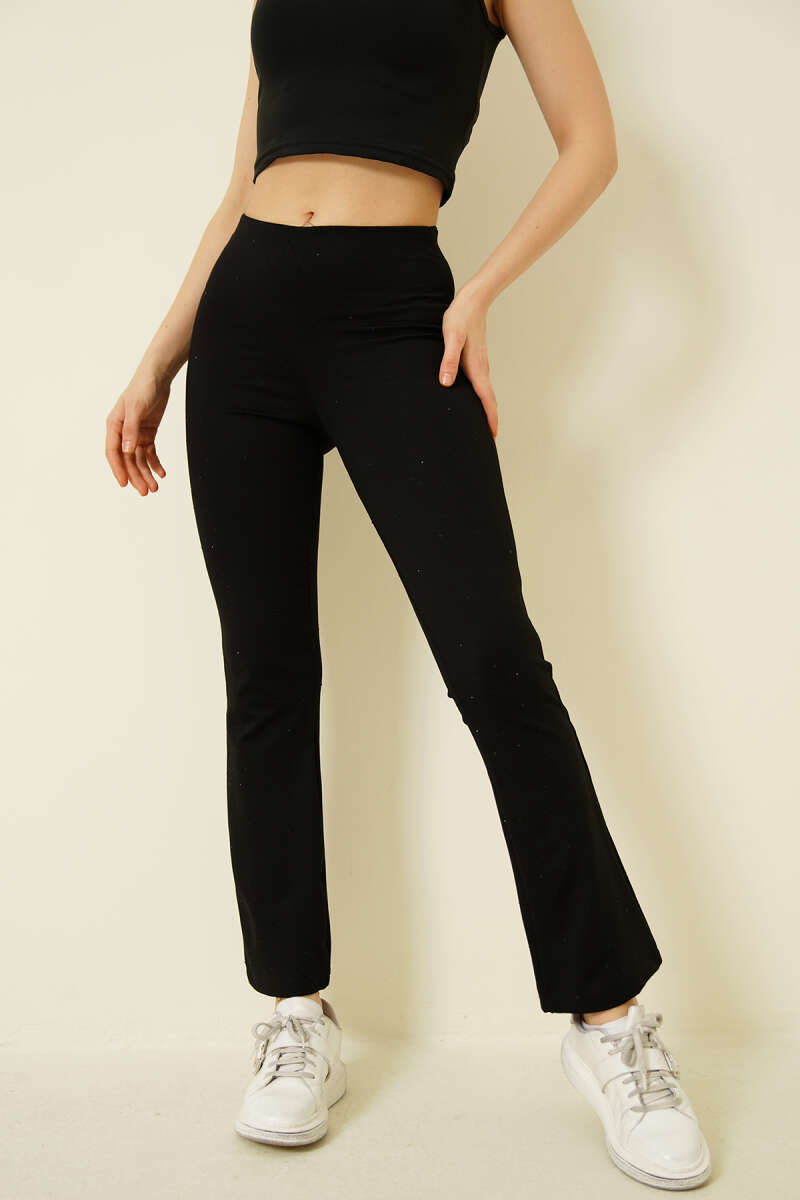 Flared Pants with Stones and Elastic Waist - Black