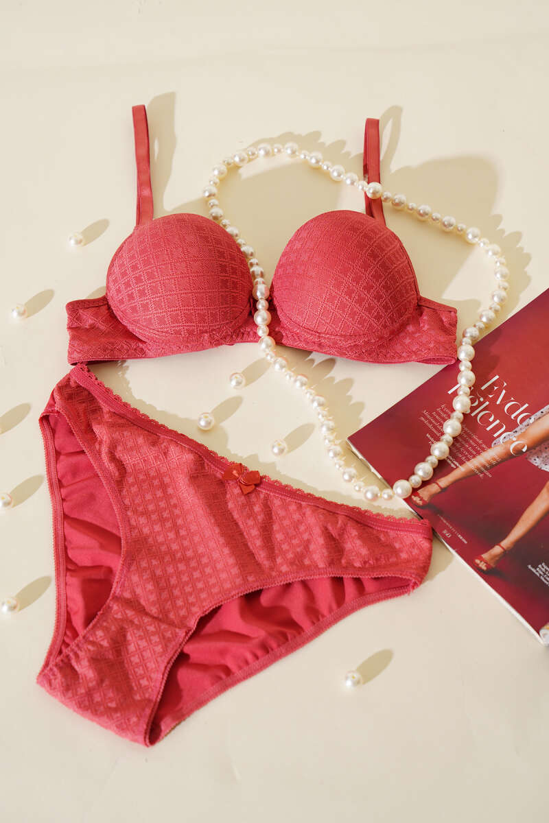 Jacquard Padded Bra Set - Pomegranate