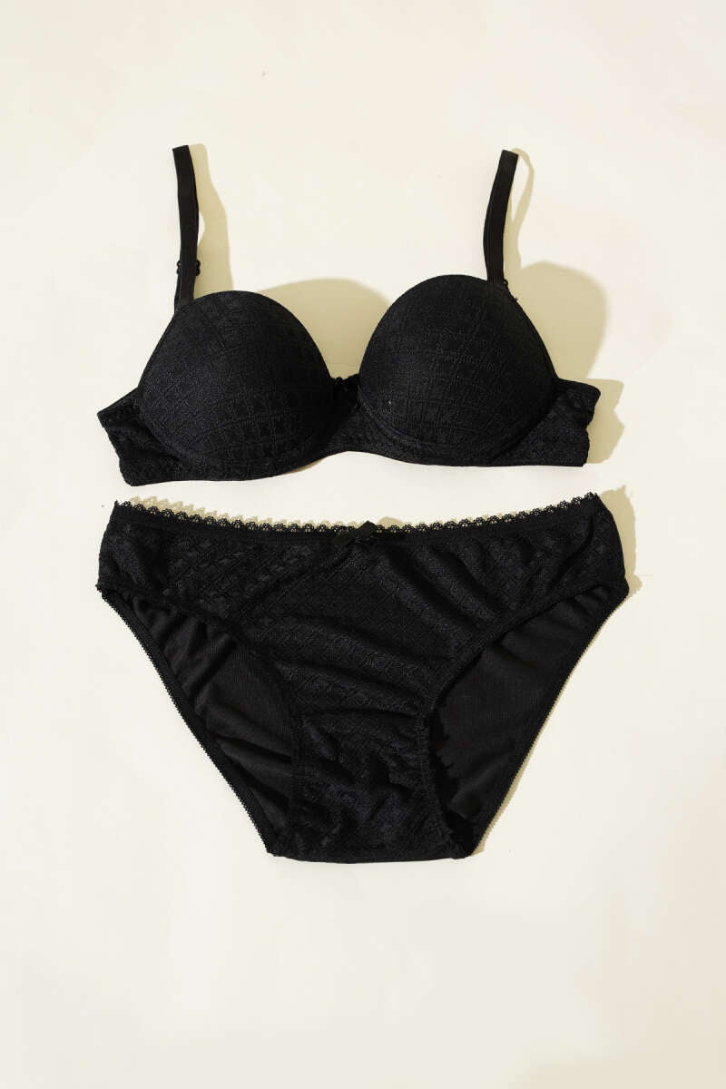 Jacquard Padded Bra Set - Black