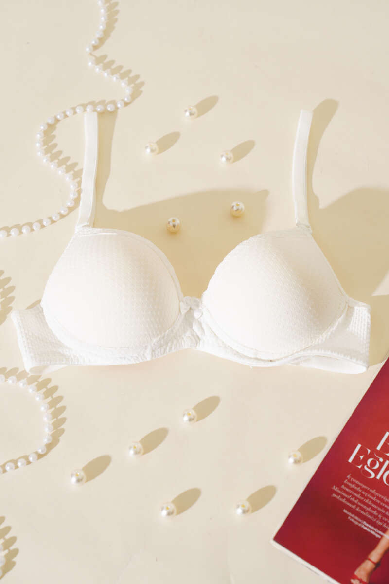 Padded Jacquard Bra with Lace - Ecru