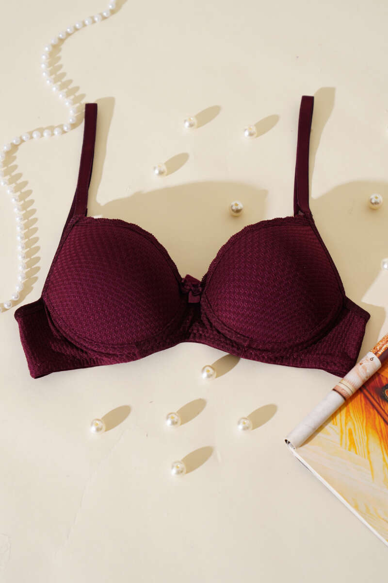 Padded Jacquard Bra with Lace - Dark Plum