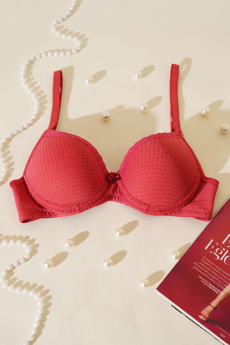 Padded Jacquard Bra with Lace - Pomegranate
