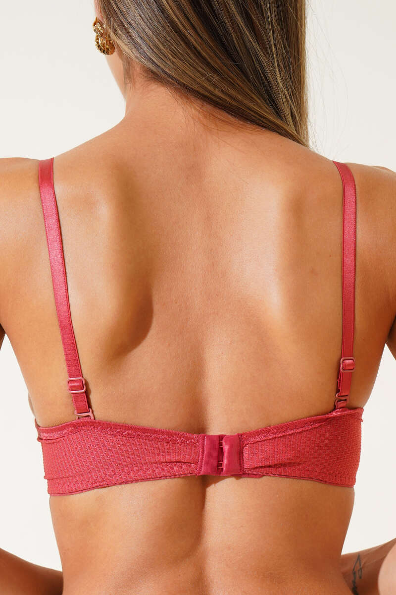 Padded Jacquard Bra with Lace - Pomegranate