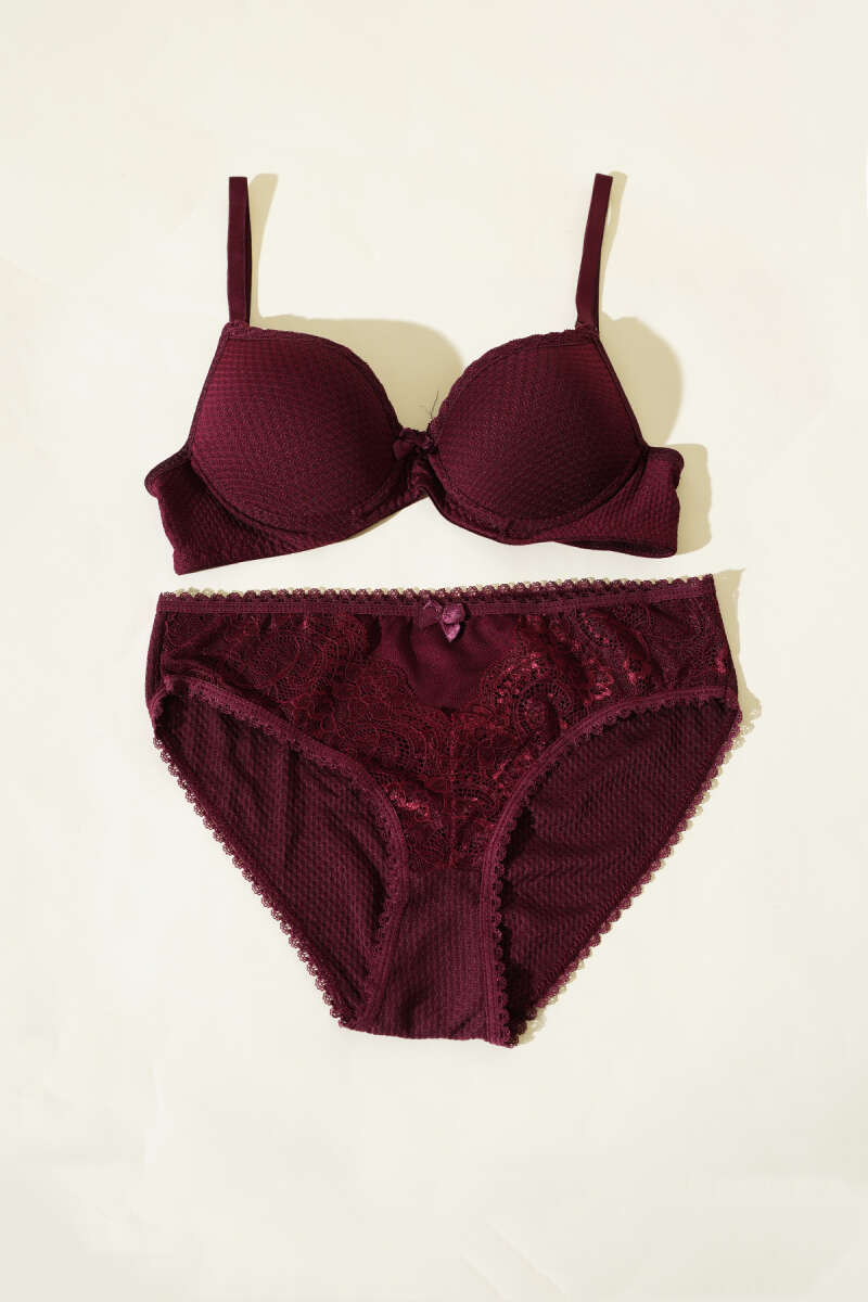 Padded Jacquard Bra Set with Lace - Plum