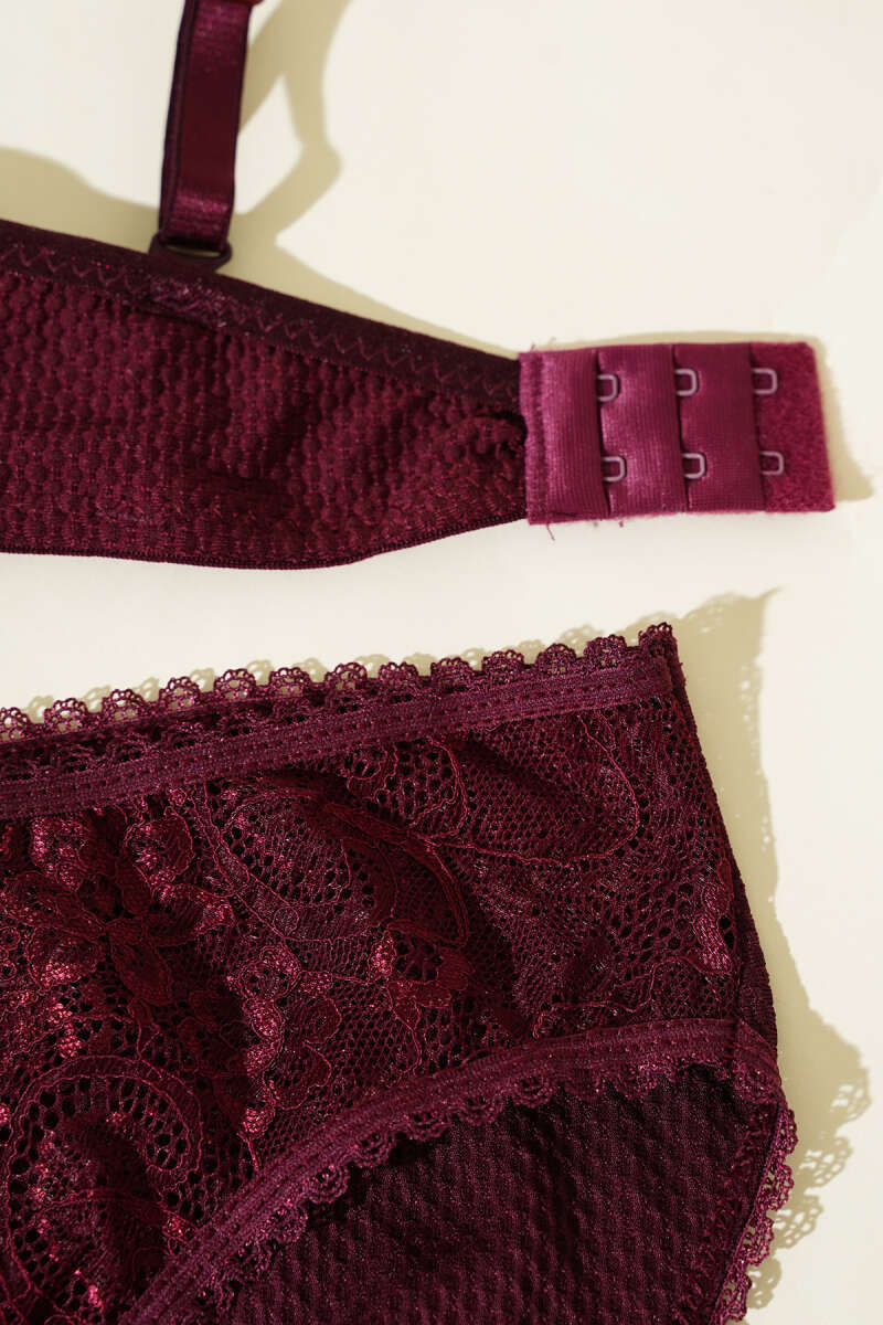 Padded Jacquard Bra Set with Lace - Plum