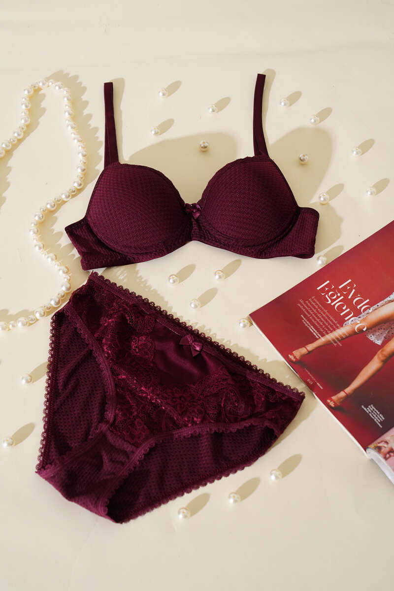 Padded Jacquard Bra Set with Lace - Plum