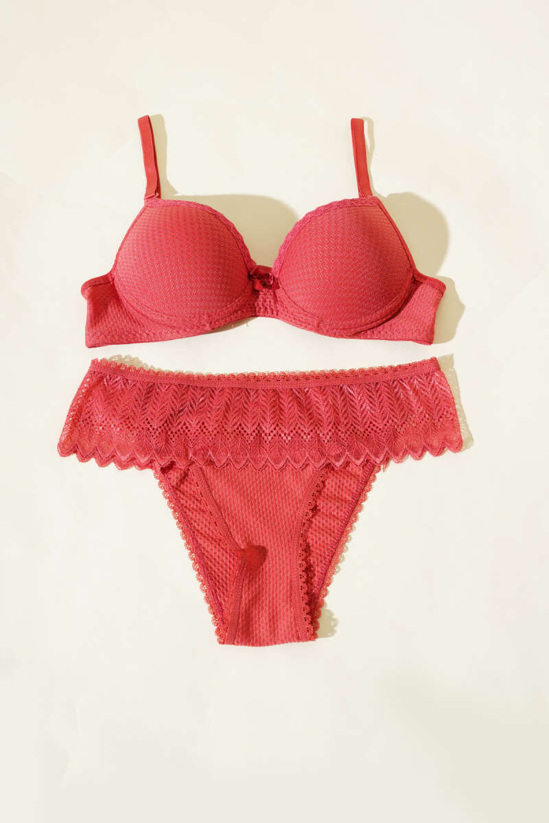Padded Jacquard Bra Set with Lace - Pomegranate