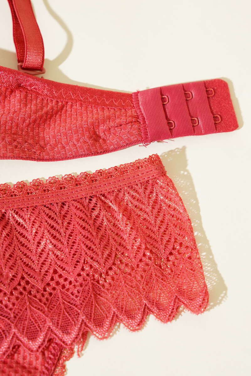 Padded Jacquard Bra Set with Lace - Pomegranate