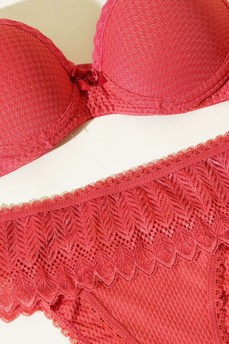 Padded Jacquard Bra Set with Lace - Pomegranate