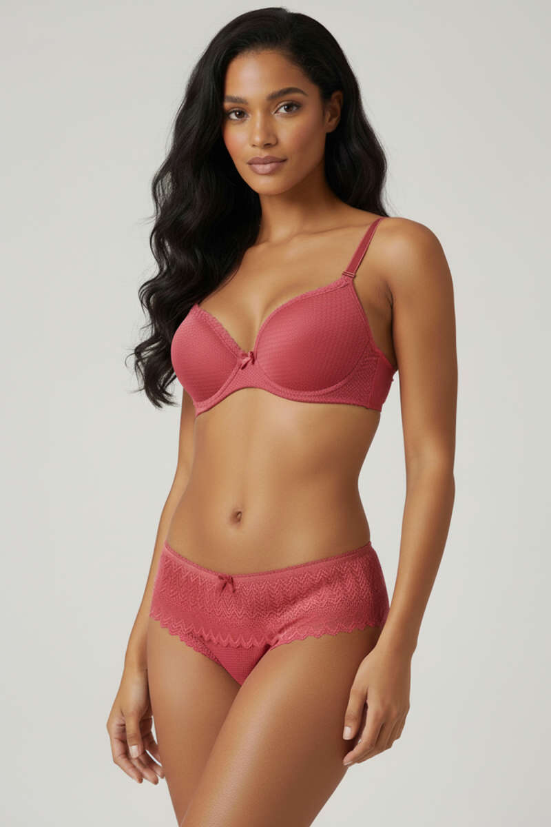 Padded Jacquard Bra Set with Lace - Pomegranate